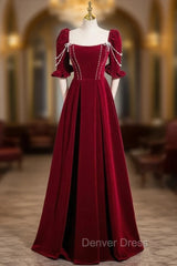 Burgundy Velvet Puff Sleeve Pearls Prom Dresses
