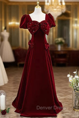 Burgundy Velvet Puff Sleeve Prom Dresses With Bow