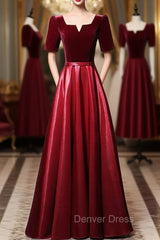 Burgundy Velvet Satin Short Sleeve Prom Dresses