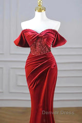 Burgundy Velvet Sequins Long Prom Dresses, Mermaid Off The Shoulder Party Dresses With Slit