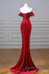 Burgundy Velvet Sequins Long Prom Dresses, Mermaid Off The Shoulder Party Dresses With Slit