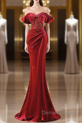 Burgundy Velvet Sequins Long Prom Dresses, Mermaid Off The Shoulder Party Dresses With Slit