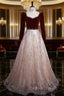 Burgundy Velvet Sequins Long Sleeve Beading Prom Dresses