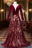 Burgundy Velvet Sequins Long Sleeve See Though V Neck Prom Dresses