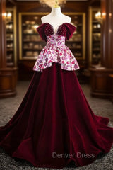 Burgundy Velvet Sequins Off the Shoulder Pearls Prom Dresses