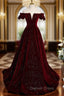 Burgundy Velvet Sequins Off the Shoulder Prom Dresses