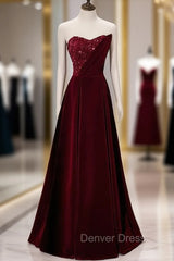 Burgundy Velvet Sequins Strapless Prom Dresses