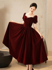 Burgundy Velvet Short Prom Dress, A-Line Short Sleeve Party Dress