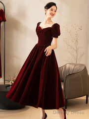 Burgundy Velvet Short Prom Dress, A-Line Short Sleeve Party Dress