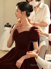 Burgundy Velvet Short Prom Dress, A-Line Short Sleeve Party Dress