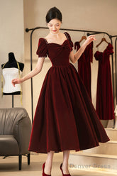 Burgundy Velvet Short Prom Dress, A-Line Short Sleeve Party Dress
