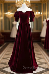 Burgundy Velvet Short Sleeve Long Prom Dresses