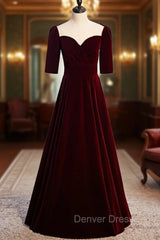 Burgundy Velvet Short Sleeve Scoop Prom Dresses