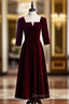 Burgundy Velvet Short Sleeve Square Tea Length Prom Dresses