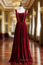 Burgundy Velvet Sleeveless Pearls Long Prom Dresses