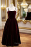 Burgundy Velvet Spaghetti Straps Pearls Prom Dresses