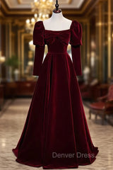 Burgundy Velvet Square Bow Long Sleeve Prom Dresses