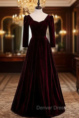 Burgundy Velvet Square Long Sleeve Prom Dresses