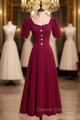 Burgundy Velvet Square Puff Sleeve Prom Dresses