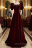 Burgundy Velvet Square Short Sleeve Beading Prom Dresses