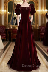 Burgundy Velvet Square Short Sleeve Beading Prom Dresses
