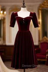 Burgundy Velvet Square Short Sleeve Pearls Prom Dresses
