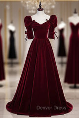Burgundy Velvet Square Short Sleeve Pleats Prom Dresses