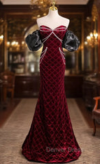 Burgundy Velvet Strapless Beading Prom Dresses