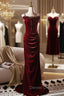 Burgundy Velvet Straps Flower Button Prom Dresses