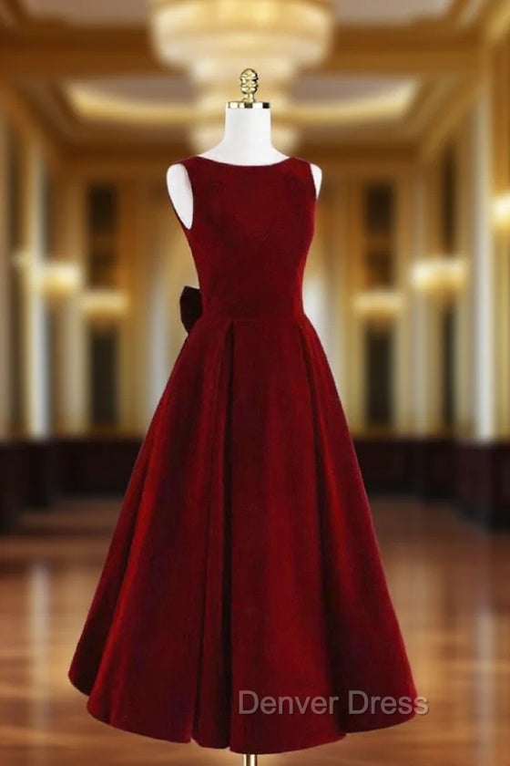 Burgundy Velvet Tea Length Prom Dress, A Line Prom Dresses with Bow