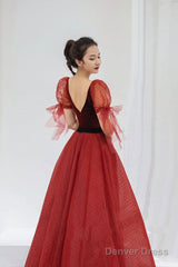 Burgundy Velvet Tulle Long A-Line Prom Dress, V-Neck Short Sleeve Party Dress