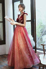 Burgundy Velvet Tulle Long Prom Dresses, V-Neck Graduation Dresses