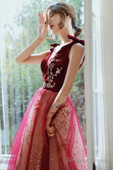Burgundy Velvet Tulle Long Prom Dresses, V-Neck Graduation Dresses