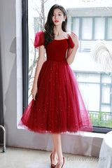 Burgundy Velvet Tulle Short Prom Dress, Off Shoulder Knee Length Party Dress