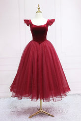 Burgundy Velvet Tulle Tea Length Prom Dresses, Cute A-Line Party Dresses