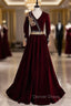Burgundy Velvet V-neck Long Sleeve Gold Beading Prom Dresses