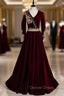 Burgundy Velvet V Neck Long Sleeve Gold Beading Prom Dresses