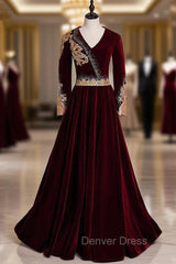 Burgundy Velvet V-neck Long Sleeve Gold Beading Prom Dresses