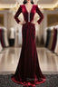 Burgundy Velvet V-neck Long Sleeve Prom Dresses