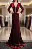 Burgundy Velvet V Neck Long Sleeve Prom Dresses