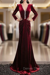 Burgundy Velvet V-neck Long Sleeve Prom Dresses