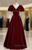 Burgundy Velvet V-neck Puff Sleeve Beading Prom Dresses