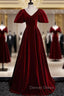 Burgundy Velvet V-neck Puff Sleeve Prom Dresses