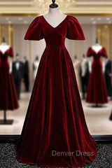 Burgundy Velvet V-neck Puff Sleeve Prom Dresses