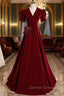 Burgundy Velvet V Neck Short Sleeve Prom Dresses