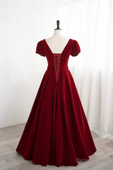 Burgundy Velvet Velvet Long Prom Dress, Cute Short Sleeve Party Dress