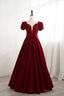 Burgundy Velvet Velvet Long Prom Dress, Cute Short Sleeve Prom Dresses