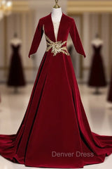 Burgundy Vevelt Short Sleeve Appliques Prom Dresses
