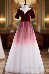 Burgundy White Tulle Velvet Short Sleeve Prom Dresses