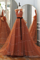 Burnt Orange Crew Neck A-Line Formal Dress With Sash